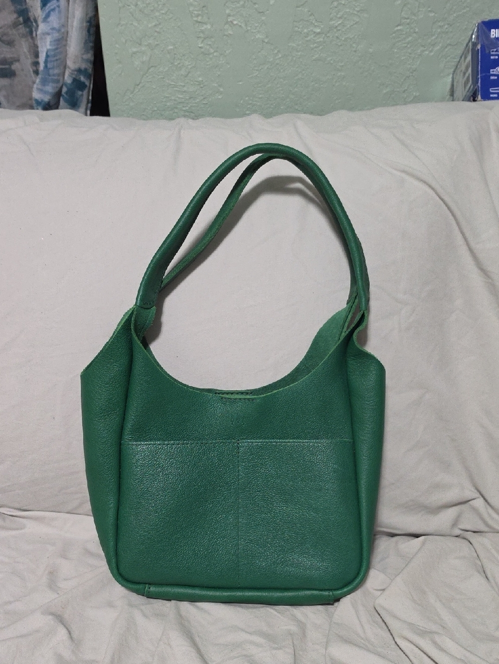 Green Leather Shoulder Bag with Front Pocket